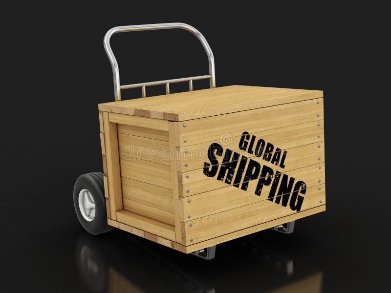 Houten krat met het Globale verschepen op Handvrachtwagen Beeld met het knippen van weg stock illustratie Houten krat met het Globale verschepen op Handvrachtwagen Beeld met het knippen van weg stock illustratie