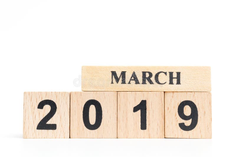 Houten kubuskalender MAART 2019 stock foto's Houten kubuskalender MAART 2019 stock foto's