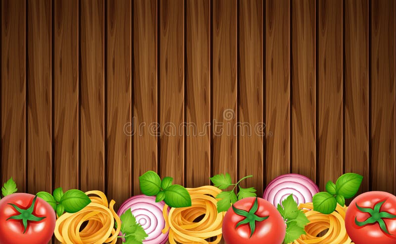 Houten raad met deegwaren en verse groenten vector illustratie Houten raad met deegwaren en verse groenten vector illustratie