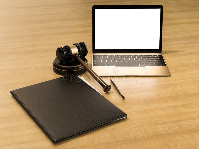 Houten rechtershamer en laptop op de houten achtergrond royalty-vrije illustratie Houten rechtershamer en laptop op de houten achtergrond royalty-vrije illustratie