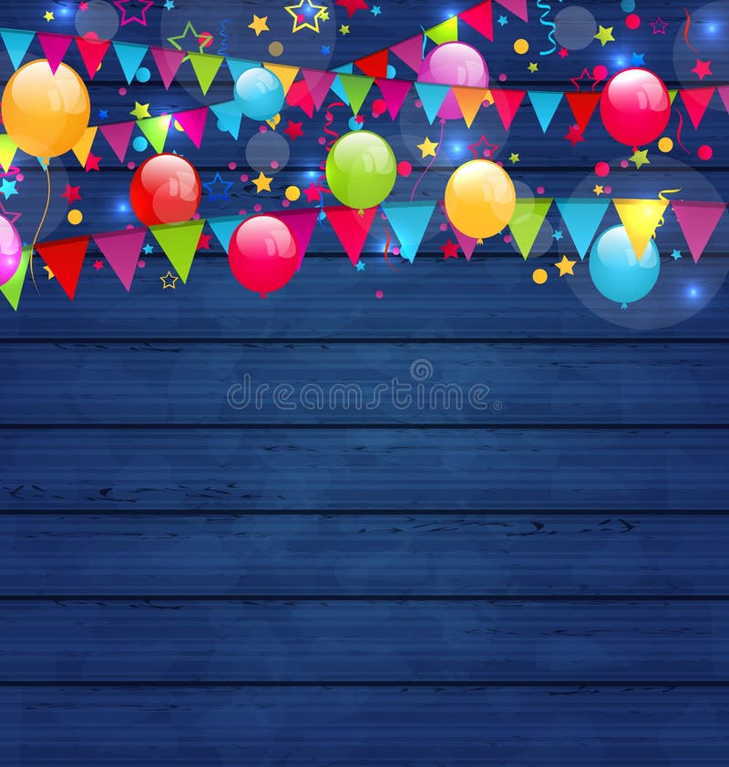 Houten vakantieachtergrond met multicolored ballons en hangin vector illustratie Houten vakantieachtergrond met multicolored ballons en hangin vector illustratie