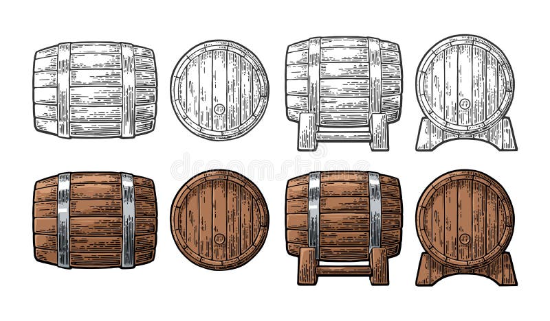 Houten vat voor en zijaanzicht die vectorillustratie graveren royalty-vrije illustratie Houten vat voor en zijaanzicht die vectorillustratie graveren royalty-vrije illustratie