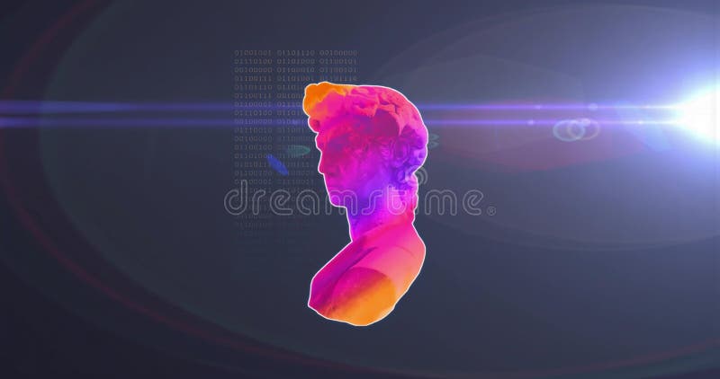 Hovering neon classical bust glowing in digital backdrop, featuring binary columns and lens flare. Futuristic, cyberpunk, holographic, digitalart, sci-fi, technology, abstract. Abstract classical stock images, royalty-free photos and pictures