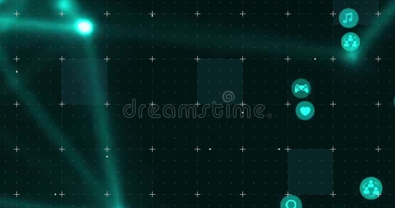 Hovering vertical column of glowing teal interface icons on digital grid background, copy space vector illustration