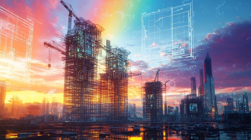 Hovra avancerade robotar för konstruktion som tillverkar futuristiska skyskrapor med vibrant kromatisk himmel royaltyfri illustrationer