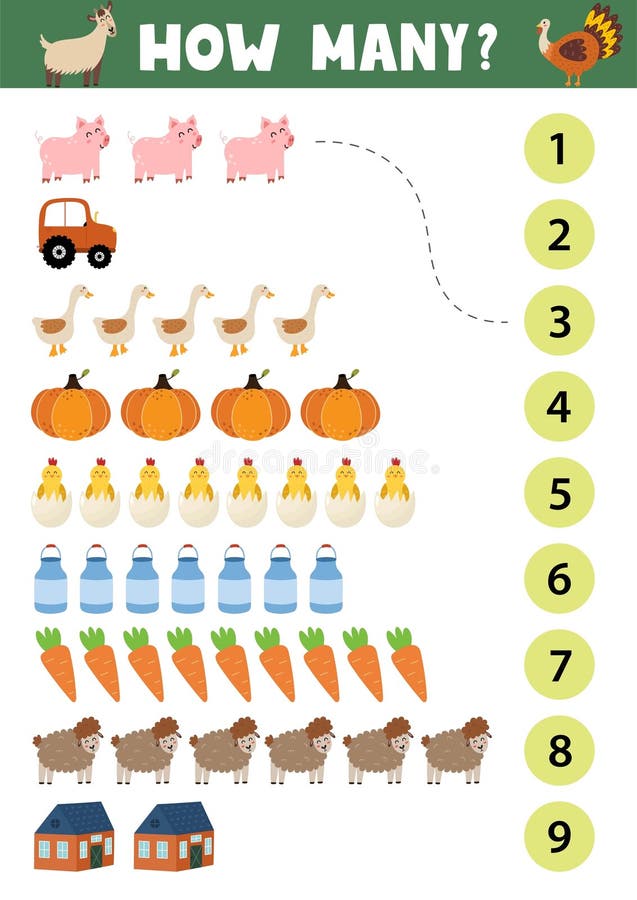 Count and match activity page for kids with cute farm objects and animals stock illustration