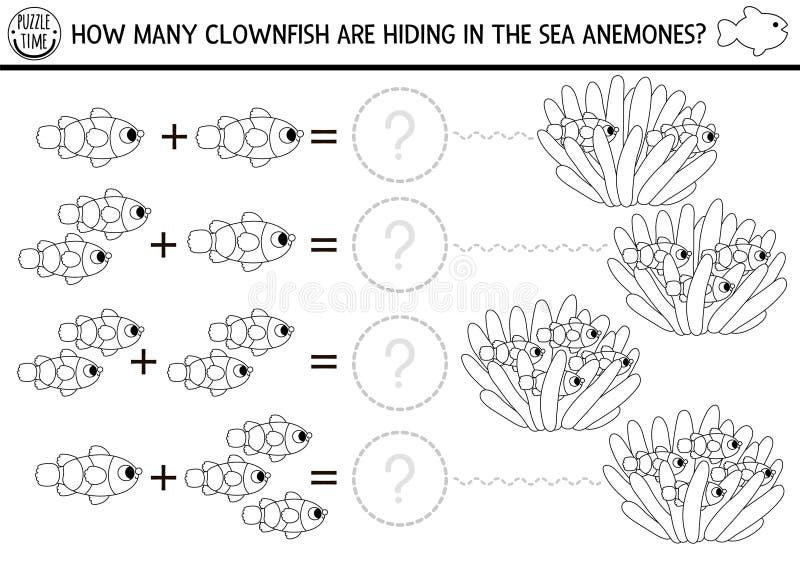 How many clownfish game. Under the sea black and white math addition activity for preschool children. Simple ocean life line