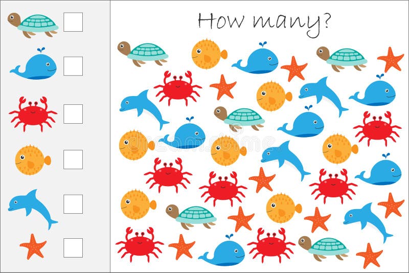 How Many Counting Game with Ocean Animals for Kids, Educational Maths Task  for the Development of Logical Thinking, Preschool Stock Illustration -  Illustration of educational, marine: 136807851