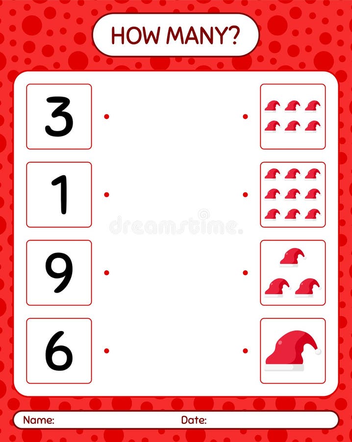 How many counting game with santa hat. worksheet for preschool kids, kids activity sheet stock illustration