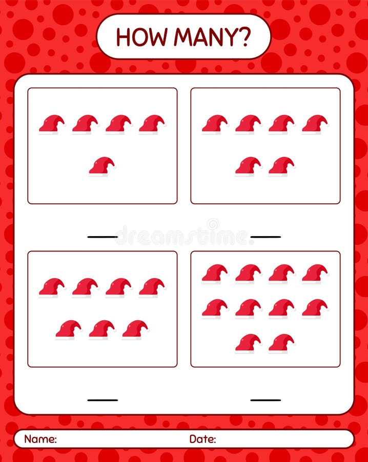 How many counting game with santa hat. worksheet for preschool kids, kids activity sheet stock illustration