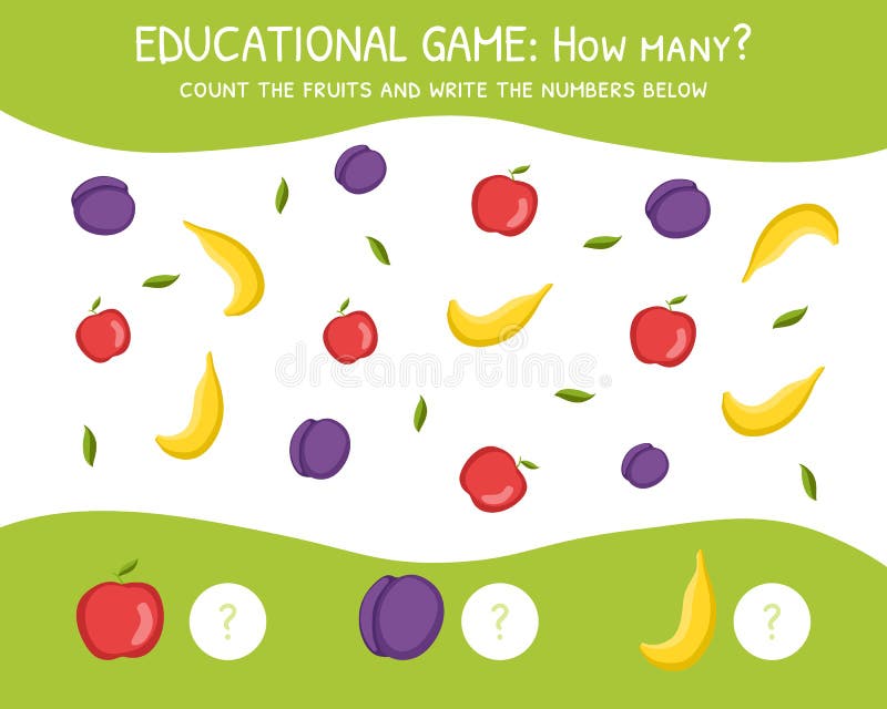 How Many, Education Game for Preschool Children, Development of Mathematical Abilities, Count the Fruits and Write the stock illustration How Many, Education Game for Preschool Children, Development of Mathematical Abilities, Count the Fruits and Write the stock illustration