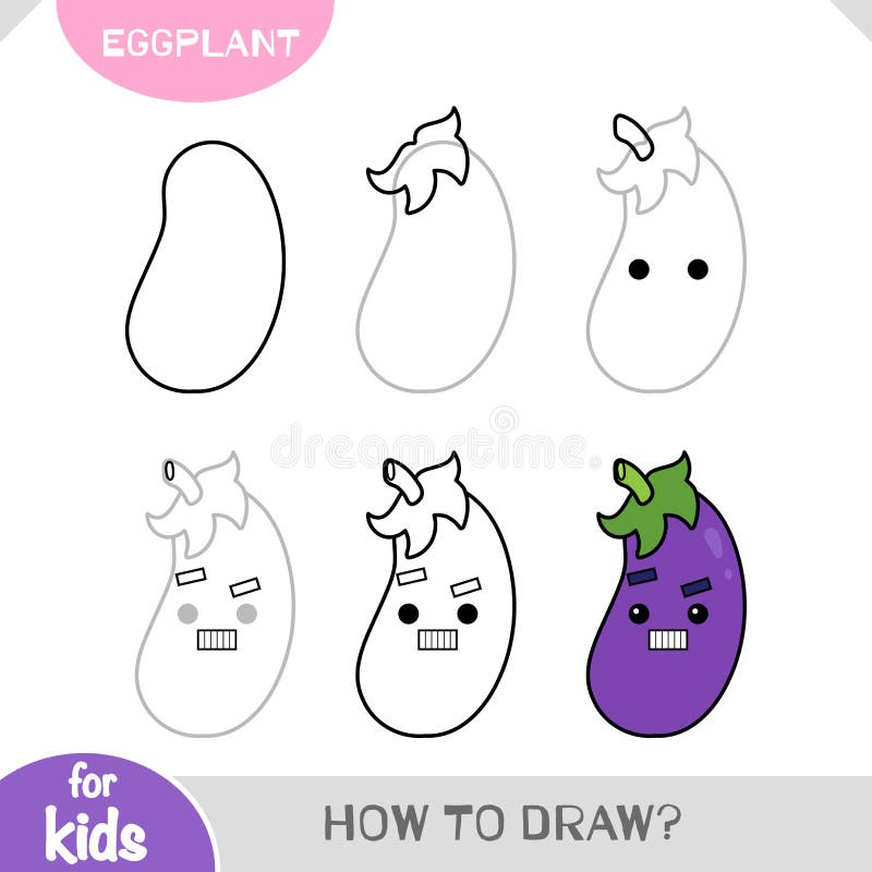 How To Draw Eggplant for Children. Step by Step Drawing Tutorial Stock