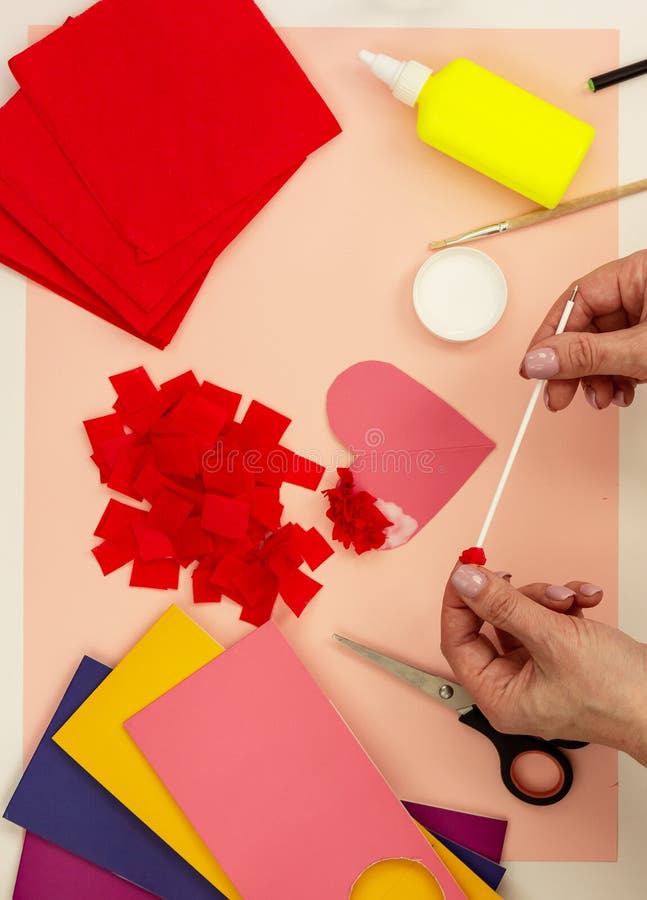 How To Make A Volumetric Heart Out Of Paper At Home Greeting Card Heart Children S Diy Art Project Step By Step Photo Instruct Stock Photo Image Of Hobby Decorative