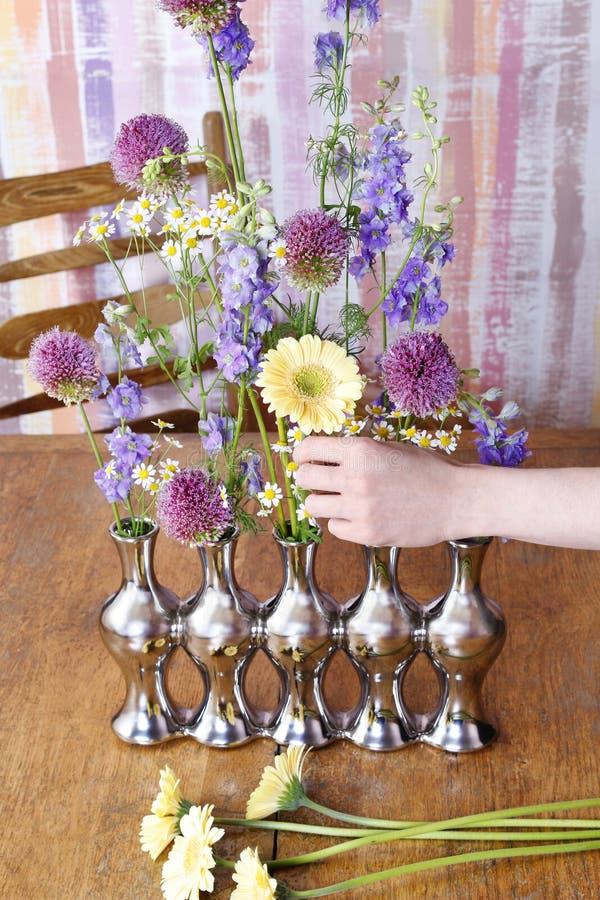 How To Make Floral Arrangement in Silver Vase Stock Photo Image of