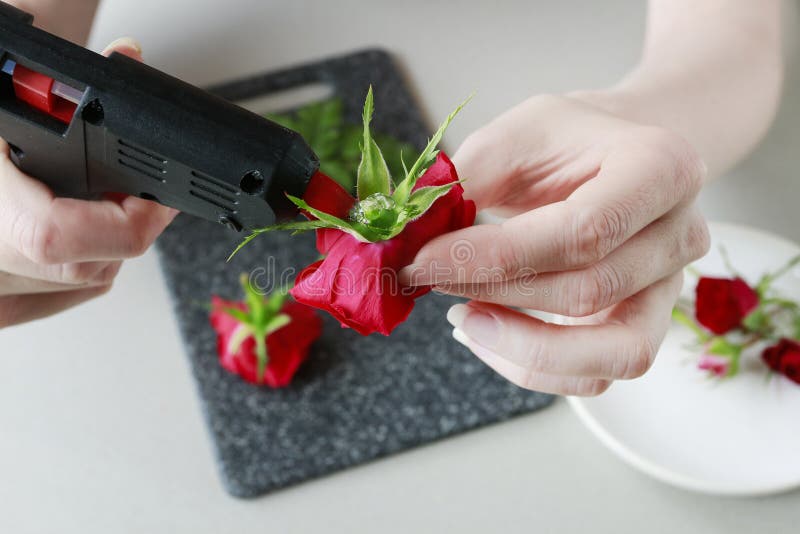 How to make a hair clip with fresh flowers and fern, tutorial stock image