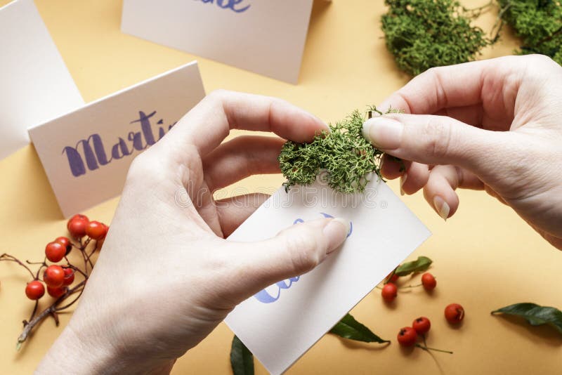 How to make wedding place name cards with handwritten letters and fresh plants stock image