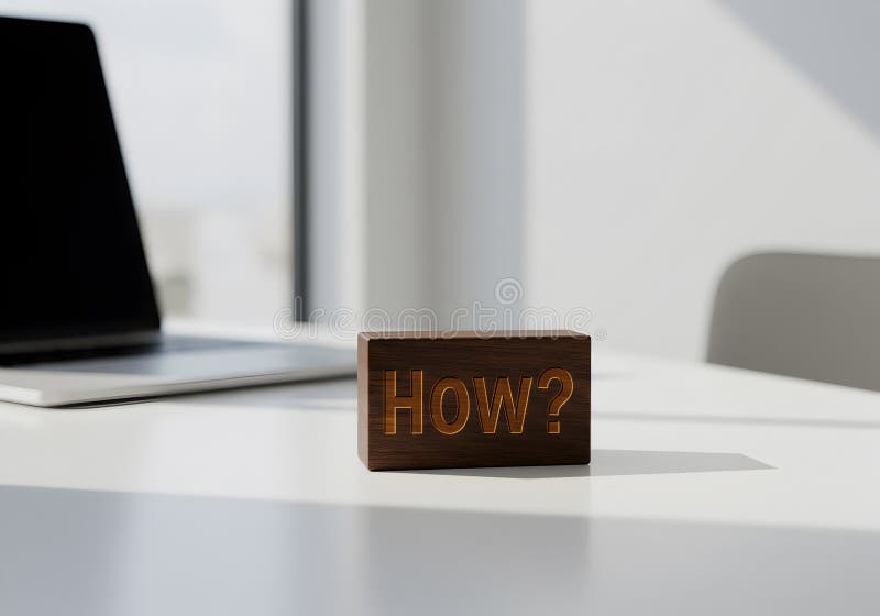 How to solve problems concept question mark block with laptop on desk in office space and bright light stock illustration