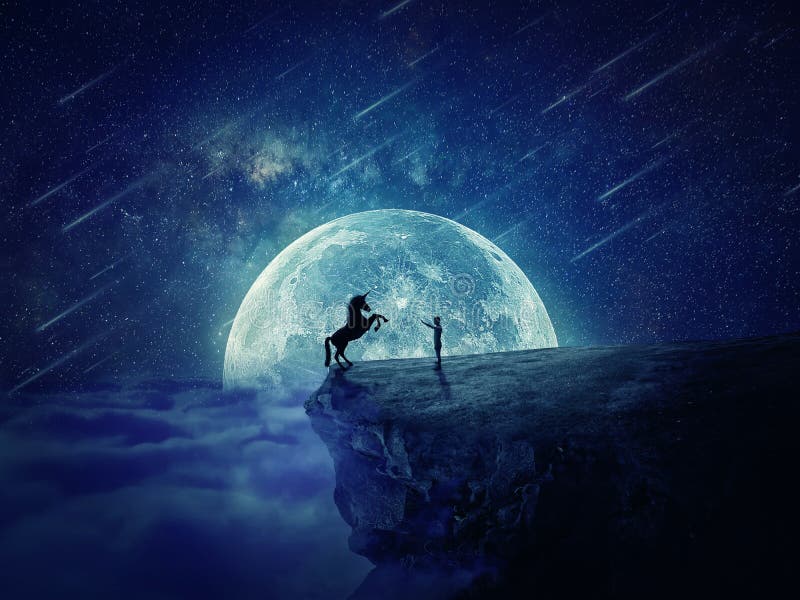 Night scene with a boy standing at the edge of a cliff chasm trying to tame a wild unicorn. Begining of a new friendship, fearless symbol. Night scene with a boy standing at the edge of a cliff chasm trying to tame a wild unicorn. Begining of a new friendship, fearless symbol