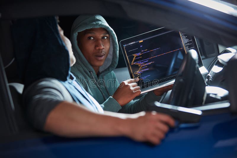 Hacker, Code and Laptop with Person in Car for Ransomware, Cyber