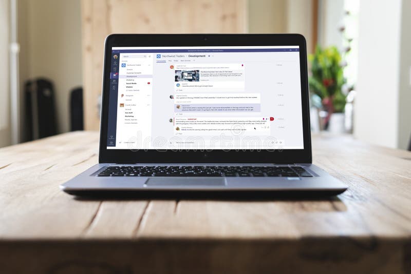 HP laptop on table with Microsoft Teams on screen stock photo HP laptop on table with Microsoft Teams on screen stock photo