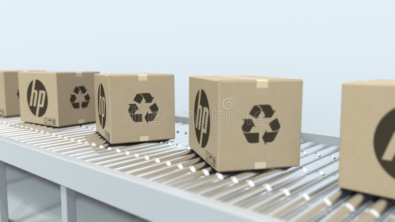 HP logo on moving boxes on roller conveyor. Loopable editorial 3D animation stock footage