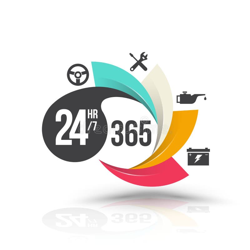 24hr 7 and 365 day with icons for services banner. stock illustration