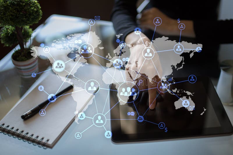 HR, human resources management. CRM - Customer relationship management. International Outsourcing on virtual screen. stock photo