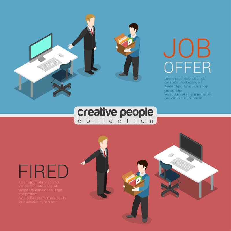 HR job offer and fired dismissal flat 3d isometric modern trendy stylish concept vector illustration. Boss welcome newbie pointing new workplace, showing way dismissed out. HR conceptual collection. HR job offer and fired dismissal flat 3d isometric modern trendy stylish concept vector illustration. Boss welcome newbie pointing new workplace, showing way dismissed out. HR conceptual collection.