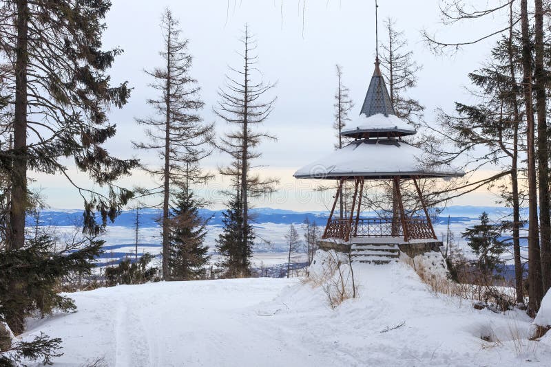 Wooden viewpoint in the popular ski and hiking Hrebienok resort.