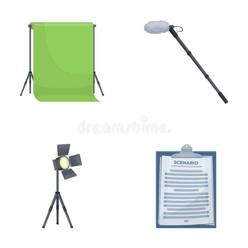 Hromakey, skrift och annan utrustning Symboler för samling för danandefilmuppsättning i materiel för symbol för tecknad filmstilv vektor illustrationer Hromakey, skrift och annan utrustning Symboler för samling för danandefilmuppsättning i materiel för symbol för tecknad filmstilv vektor illustrationer