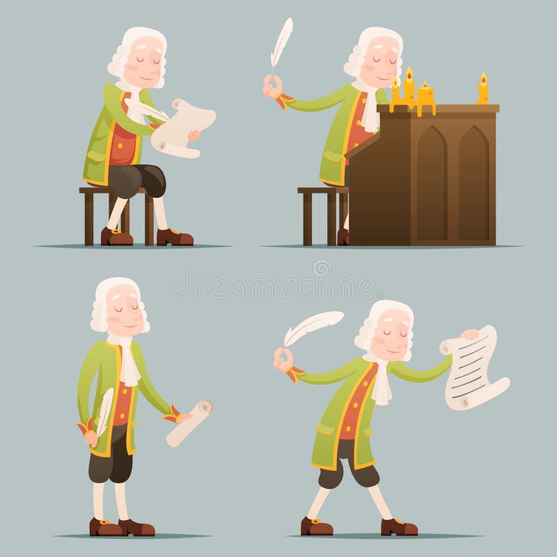 Hronicler noble writer scribe playwright medieval aristocrat periwig pen music stand scroll candles mascot icons set. Hronicler noble writer scribe playwright royalty free illustration Hronicler noble writer scribe playwright medieval aristocrat periwig pen music stand scroll candles mascot icons set. Hronicler noble writer scribe playwright royalty free illustration