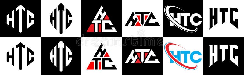 HTC letter logo design in six style. HTC polygon, circle, triangle, hexagon, flat and simple style with black and white color variation letter logo set in one artboard. HTC minimalist and classic logo