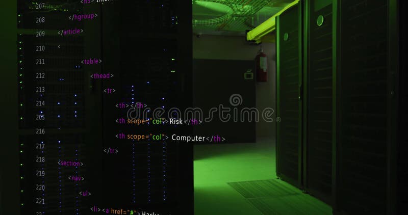 HTML code animation over server room with green lighting stock video