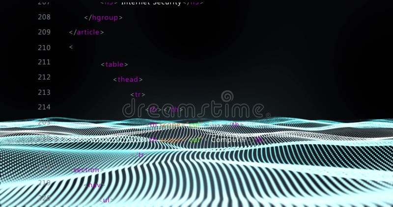HTML code animation over undulating grid lines on dark background royalty free illustration