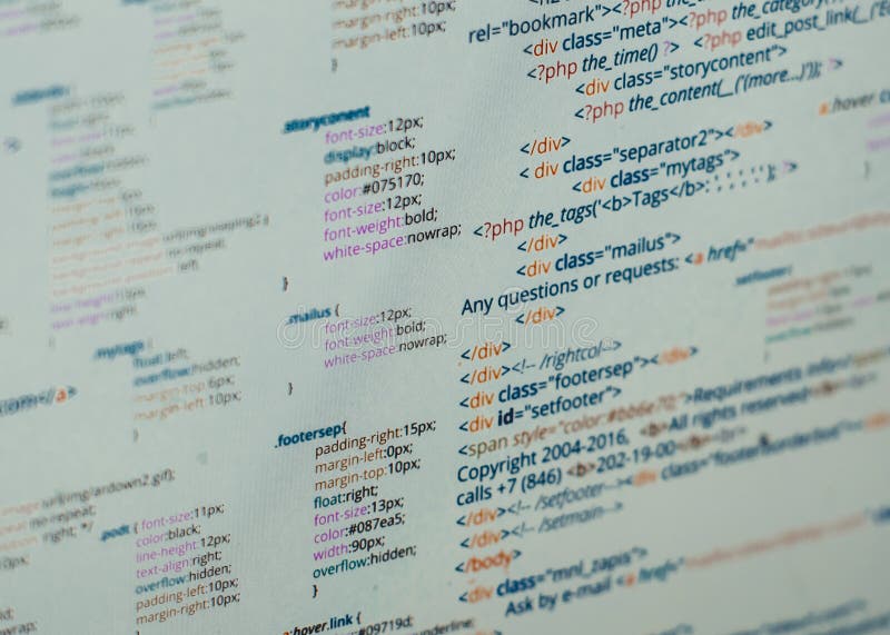 HTML and CSS code developing screenshot. Abstract web site source listing. Source code script stock images, royalty-free photos and pictures