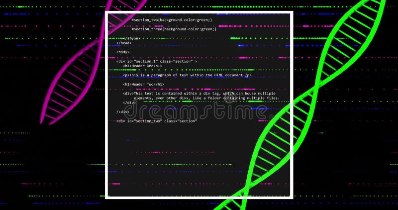 HTML code snippet over DNA strand animation with colorful lines royalty free illustration
