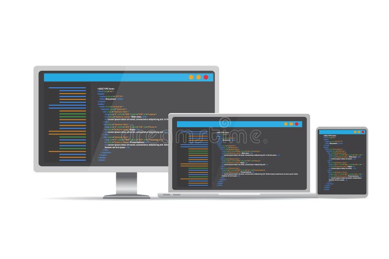HTML code website. Laptop, desktop, tablet coding, programming concept. Vector illustration.