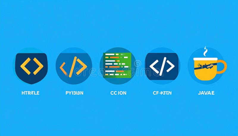 五个彩色圆形图标描绘了编程语言 HTML 向量例证
