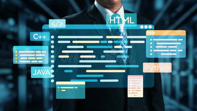 Επιχειρηματίας με κοστούμι με διασύνδεση εικονικής γλώσσας προγραμματισμού που εμφανίζει κώδικα HTML Java C και Python στο διανυσματική απεικόνιση