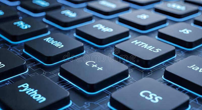 빛나는 컴퓨터 키보드 프로그래밍 언어 버튼 파이썬 html java 어두운 회로 기판 배경 컨셉 디지털 소프트웨어 개발 코딩 기술 현대 그래픽 3D 렌더링 일러스트레이션.
