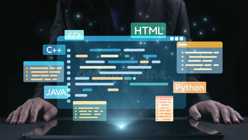 展示各种编码语言（包括HTML Python Java和C）的平板电脑上显示的未来主义编程接口的手机视图. 量子比特.