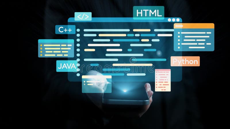 手持智能手机和HTML Python和Java等编程语言的未来主义编码界面 库存例证