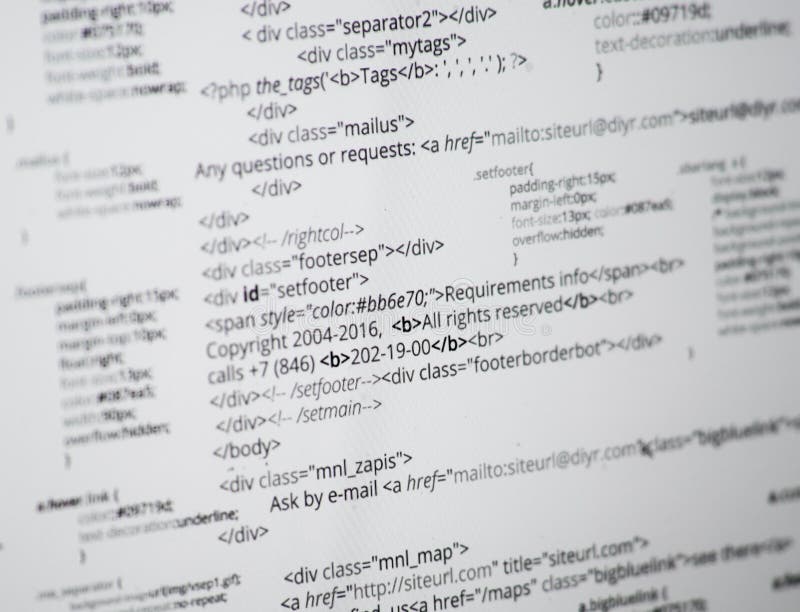 Web developer HTML code with CSS on screen. Abstract web script code. Black and white photo of display. Source code script stock images, royalty-free photos and pictures