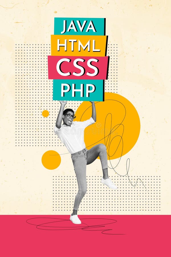 艺术图像垂直照片拼贴画，描绘了一位兴奋的美国女孩，她是 HTML、Java Script 编码软件开发人员和 IT 专家 免版税图库摄影