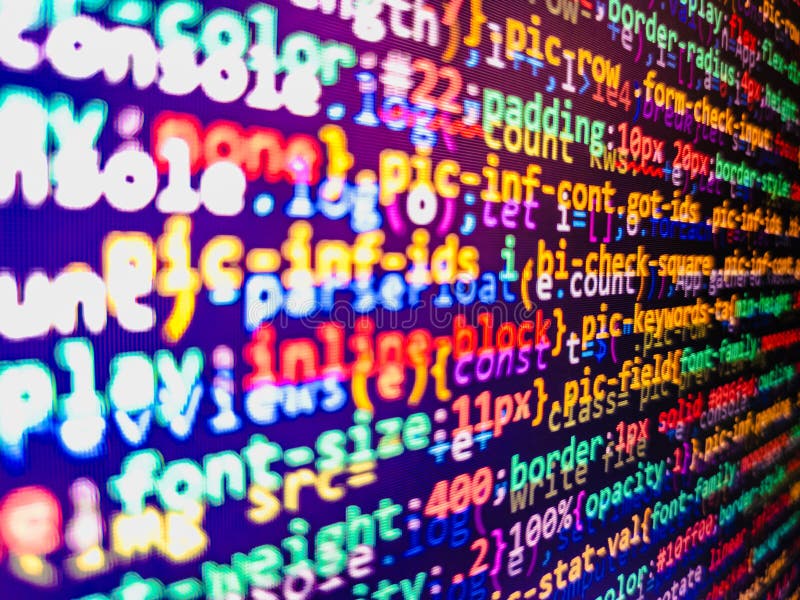 HTML网站结构。网页开发概念。网页开发人员的显示器屏幕。Java Script、CSS的特写镜头和 图库摄影