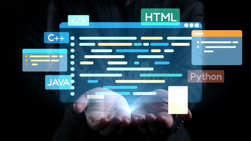手握着虚拟代码环境，其中包含 HTML、Python、Java 和 C 等编程语言，并带有发光效果 库存例证