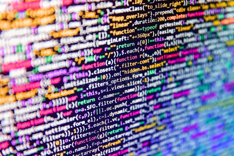 プログラマーが新しいHTMLコードを入力しています。Pythonプログラミング開発者コード。最小化されたWeb開発JavaScriptコードのクローズアップ ロイヤリティフリーストック画像