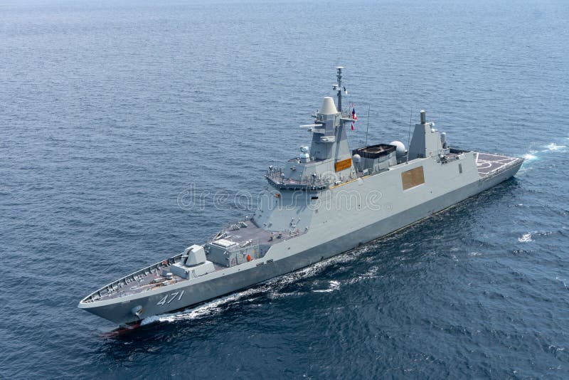 ANDAMAN SEA, THAILAND - APRIL 9,  2019 : HTMS Bhumibol Adulyadej guided missile stealth frigate of Royal Thai Navy sails in the sea during Guardian Sea 2019 naval exercise in Andaman sea, Thailand