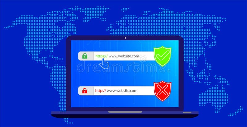 Протоколы http и https на щите. Безопасный и защищенный https иллюстрация вектора
