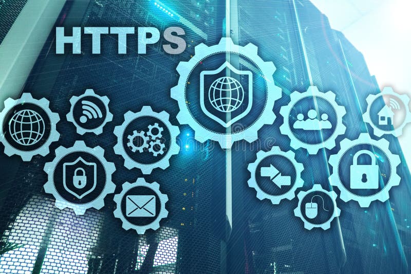 Https Πρωτόκολλο μεταφορών υπερκειμένων ασφαλές Έννοια τεχνολογίας στο υπόβαθρο δωματίων κεντρικών υπολογιστών Εικονικό εικονίδιο απεικόνιση αποθεμάτων